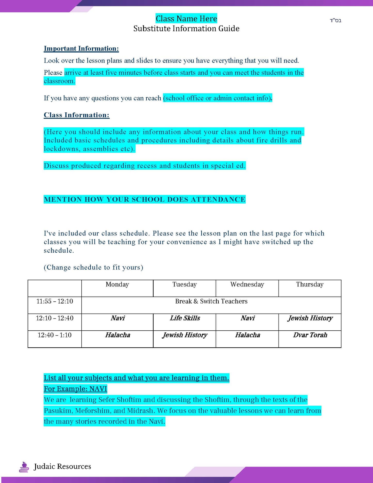 Substitute Packet - Editable