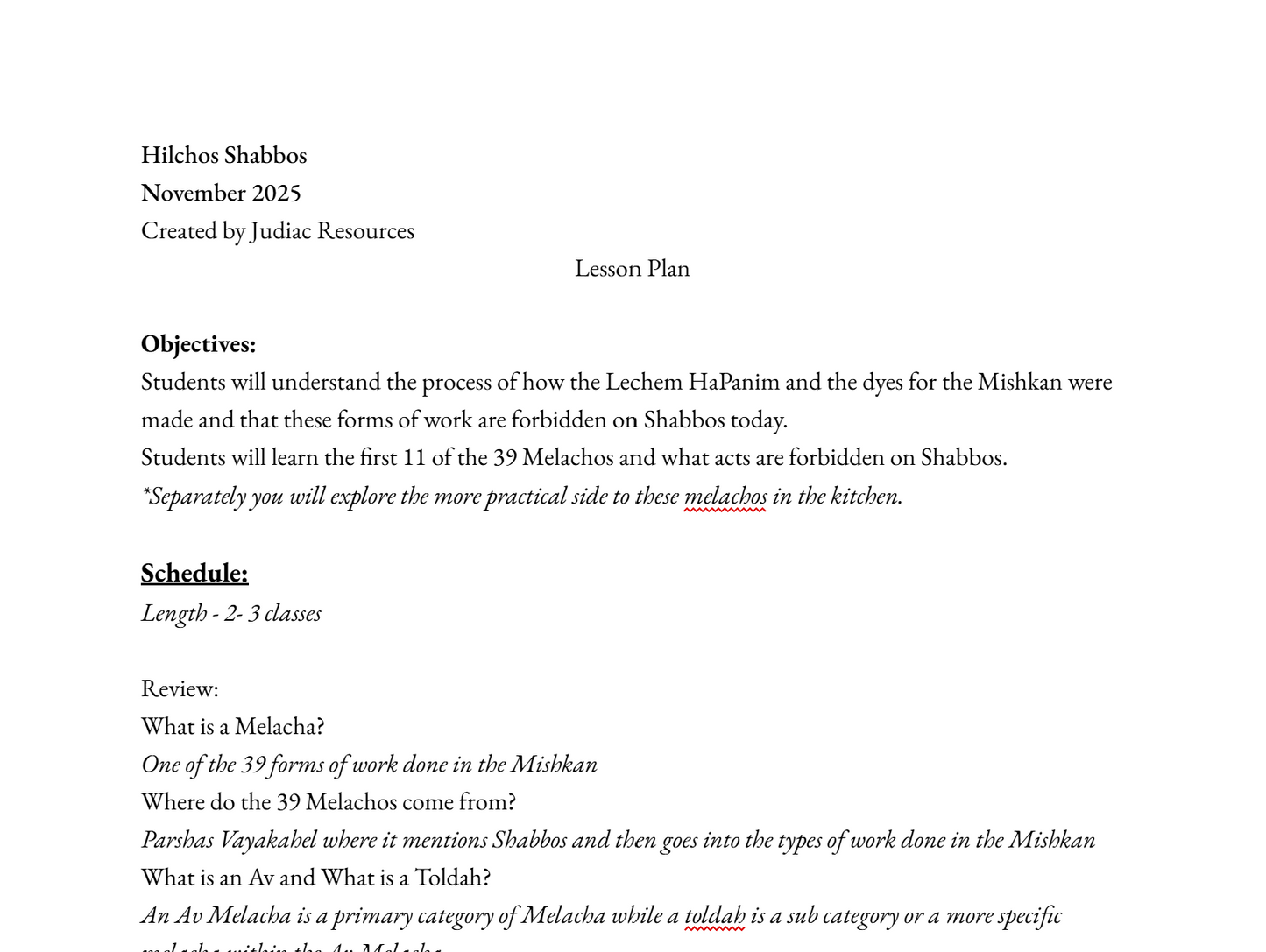 Shabbos & the 39 Melachos - Full Year Resources